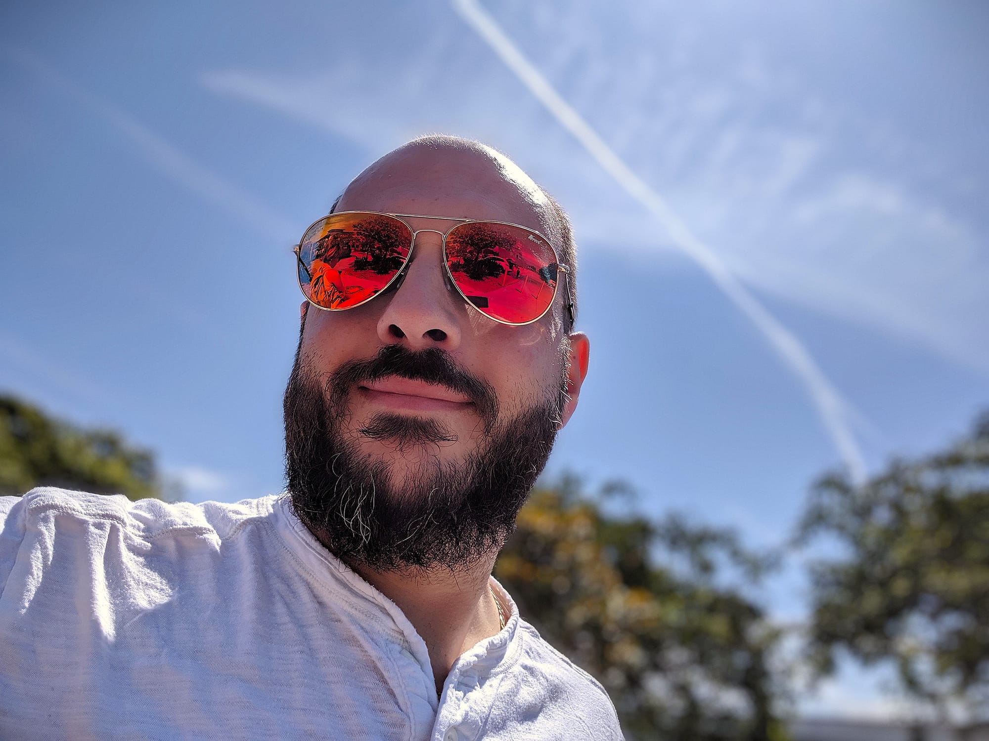 Selfie of Evan, taken from a less than ideal angle of slightly below shoulder level. I'm wearing a white tee shirt, have a dark medium length beard with some grey hairs in it, am mostly bald, and am wearing some cheap Aviator knockoff sunglasses.